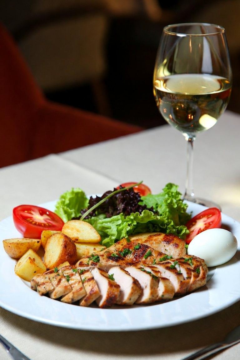 Pouletbrust mit Salat und Bratkartoffeln
