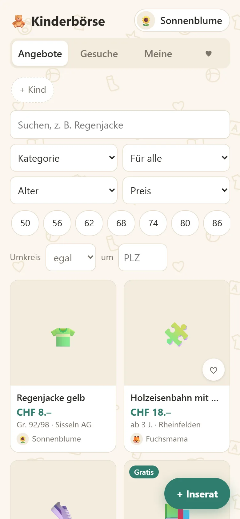 Kinderbörse auf dem Smartphone: Suchfilter und Inserate (Beispieldaten)