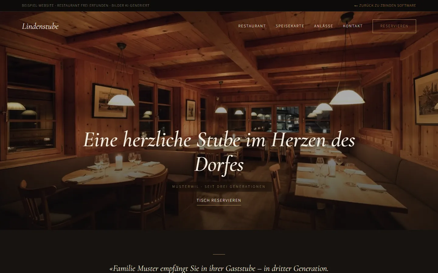 Startseite der Beispiel-Website für ein Restaurant, Desktop-Ansicht
